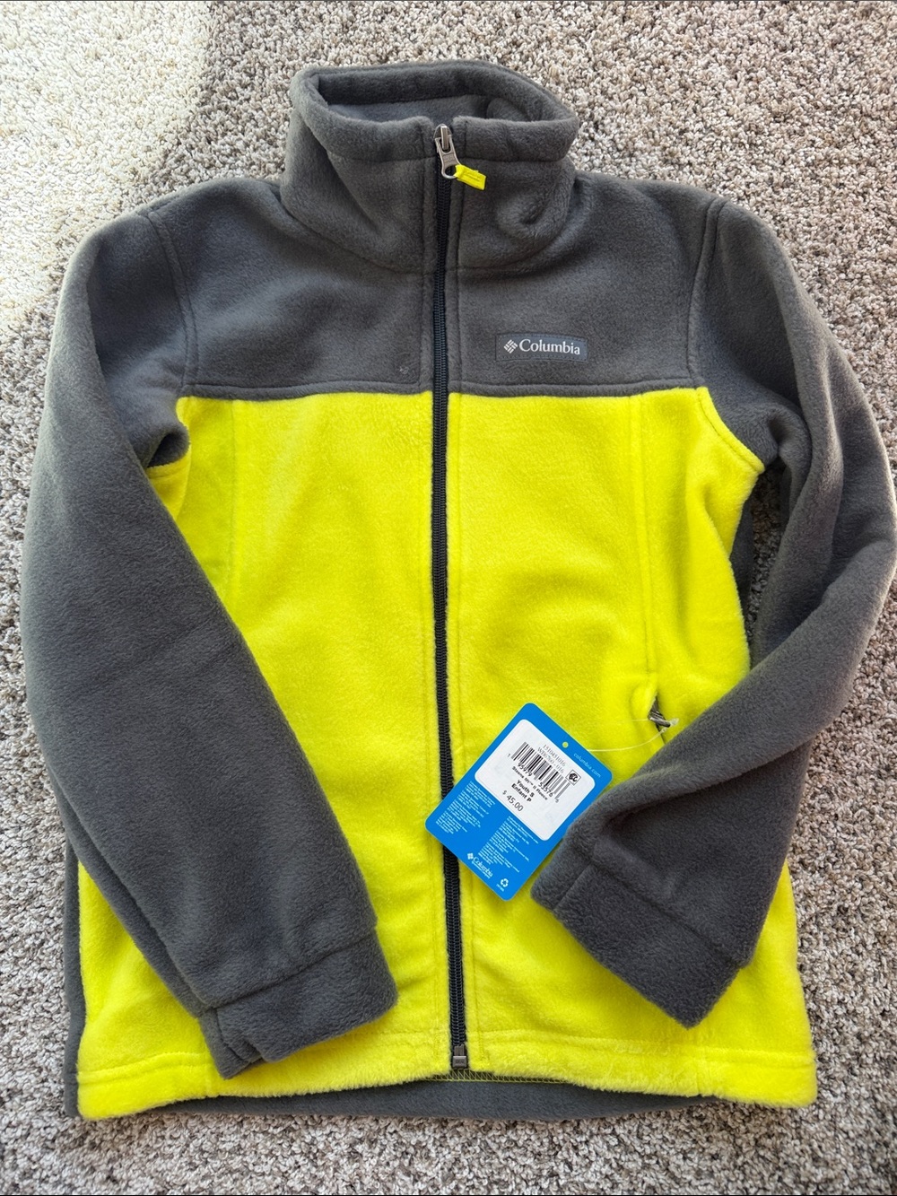 NWT Columbia Charcoal and Neon Yellow Kids' Full-Zip Fleece Jacket size small